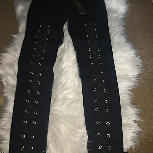 Black Jean Gold Lace Up Pants - Picture 2 of 4